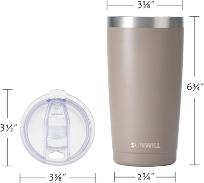 SUNWILL Travel Coffee Tumbler 20 oz, Insulated Mug with Lid, Stainless Steel Cup for Outdoor, Powder Coated Taupe