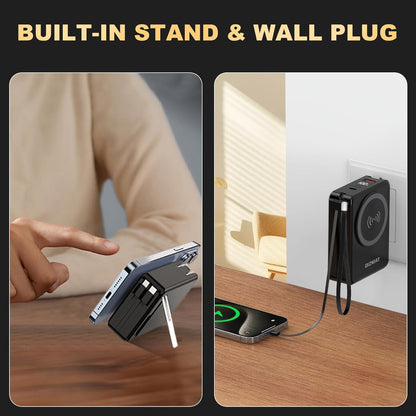 10000mAh Portable Charger Power Bank for magsafe, 22.5W Fast Charging Wall Plug Power Bank for iPhone Andriod Sumsung 5 in 1 Travel Wireless Charger Built in USB C Lightning Cables-B