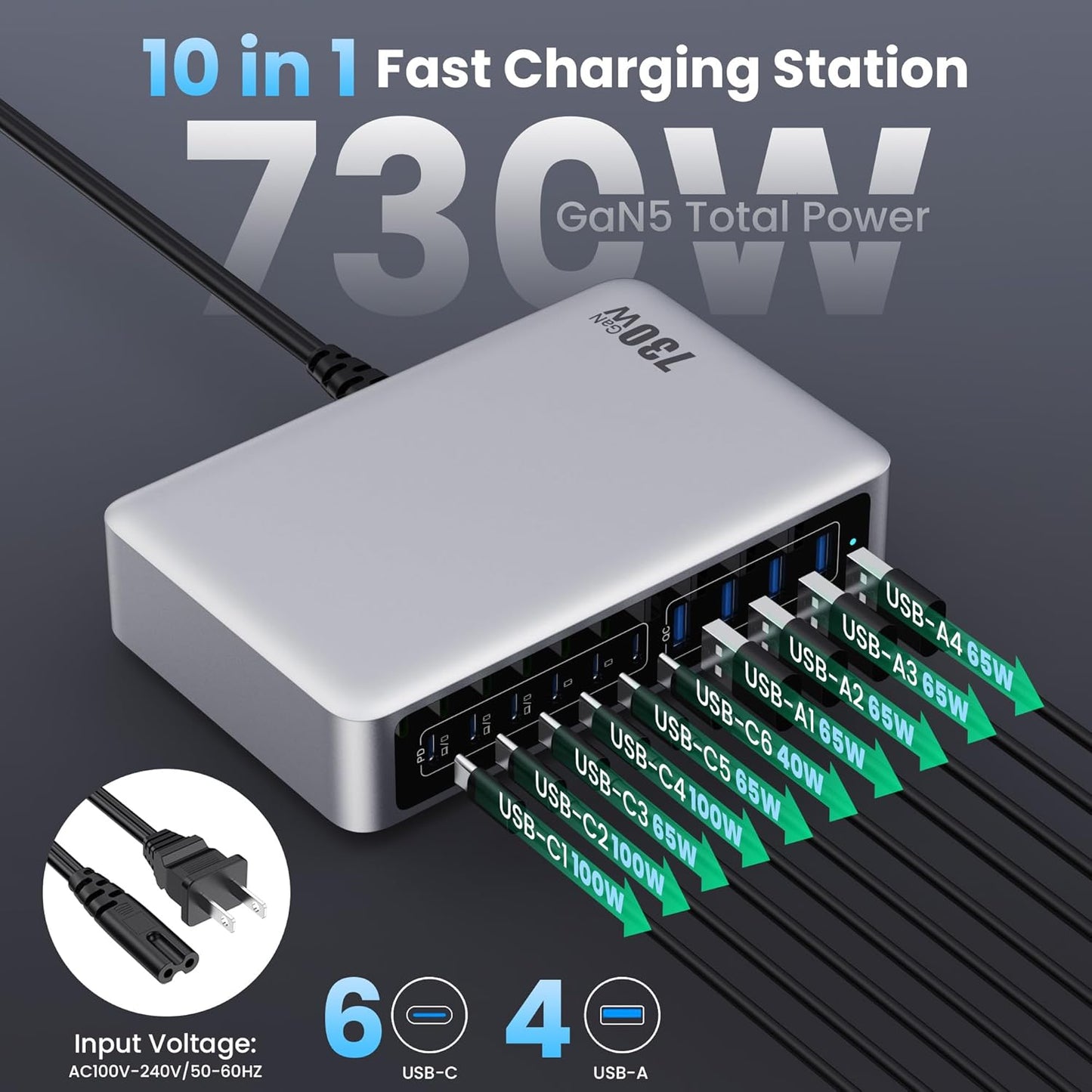 730W USB C Charger Block,10-Ports GaN V Fast Charging Station Hub,QC4.0+3 PD 100W Laptop Charger Wall Power Adapter for MacBook Pro/Air,DELL,iPhone 17/16/15/14,iPad,Galaxy S25,Pixel,Steam Desk-Silver