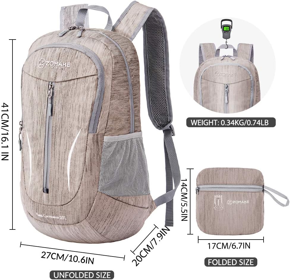 ZOMAKE 25L Ultra Lightweight Packable Backpack, Foldable Hiking Backpacks Water Resistant Small Folding Daypack for Travel(Light Gray)