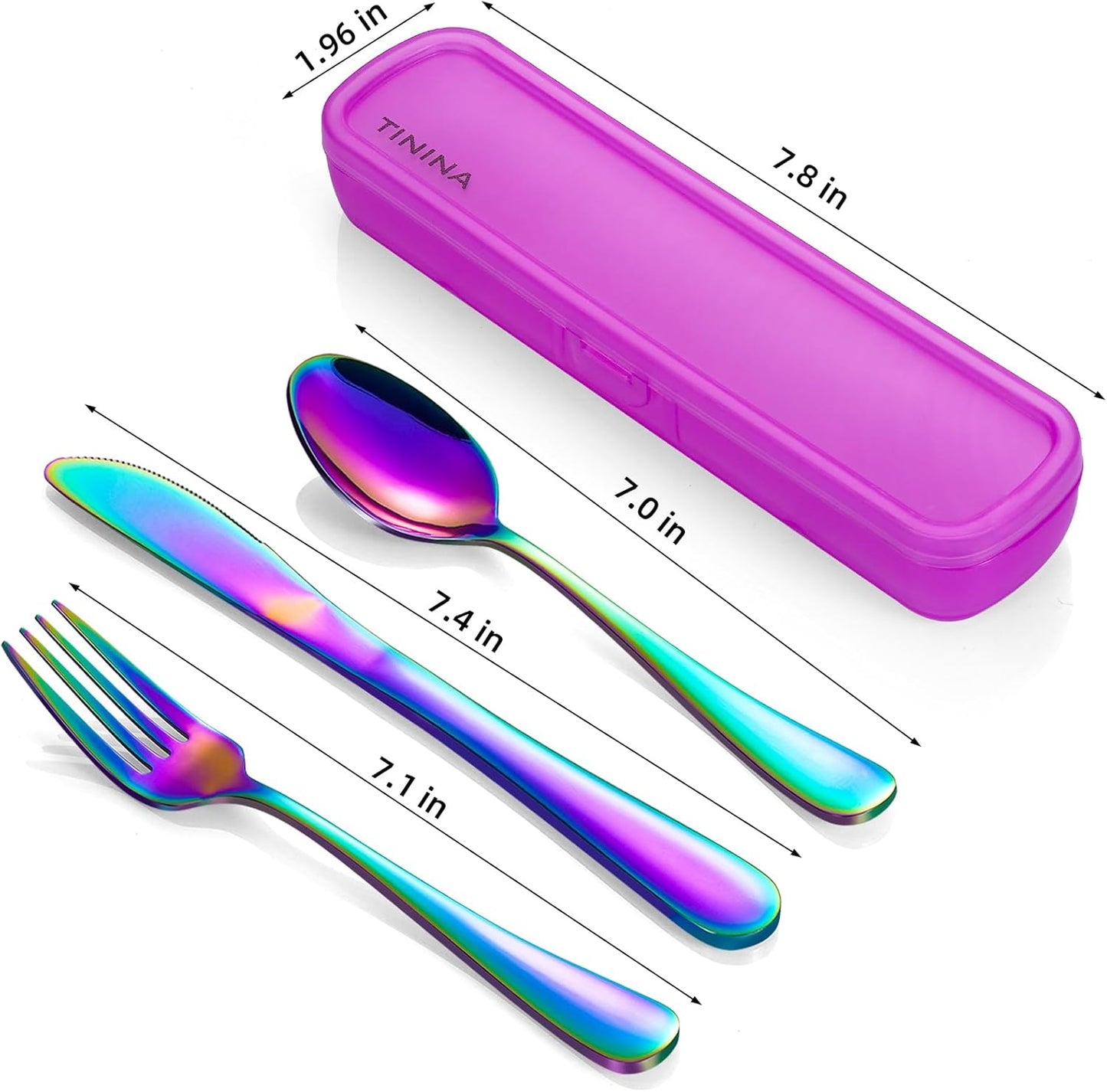 Travel Utensils with Case, 4-Piece Stainless Steel Portable Cutlery Set, Reinforced Case with Buckle Design, Lunch Box for Camping Work School, Include Fork Spoon Knife, Dishwasher Safe, Rainbow