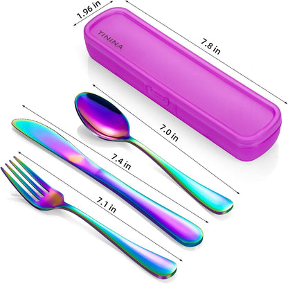 Travel Utensils with Case, 4-Piece Stainless Steel Portable Cutlery Set, Reinforced Case with Buckle Design, Lunch Box for Camping Work School, Include Fork Spoon Knife, Dishwasher Safe, Rainbow