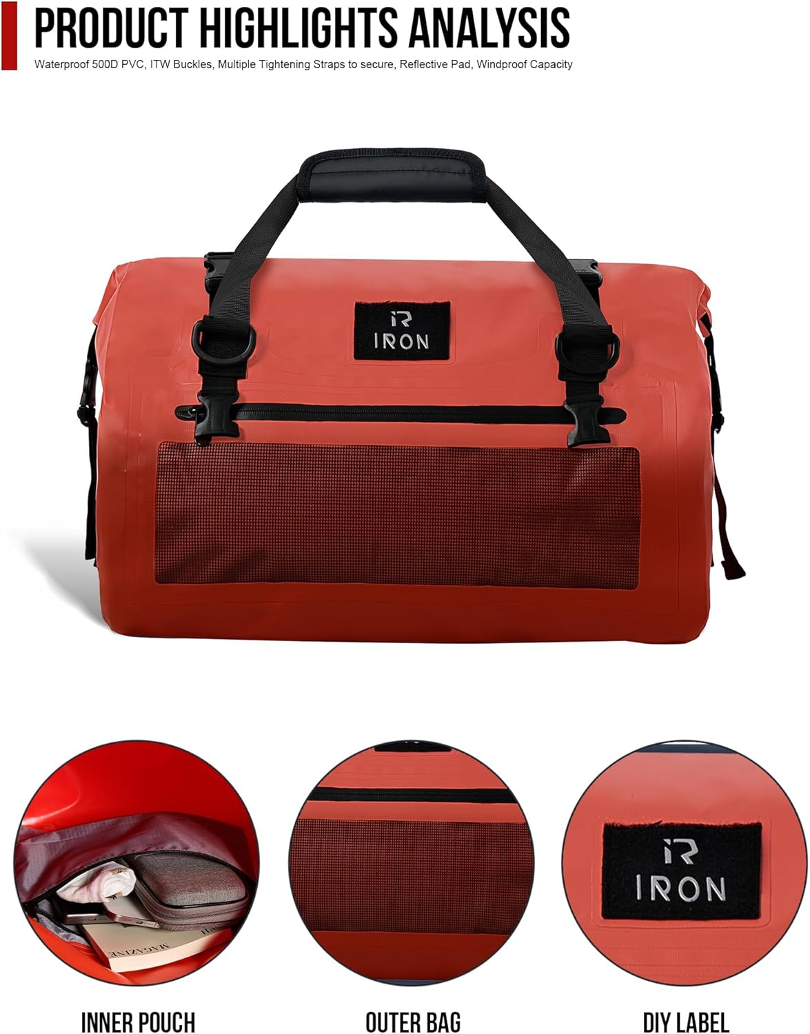 IRON JIA'S Motorcycle Dry Bag - Waterproof Duffle & Luggage Tail Bag Saddle Bags with Roll Top Closure, Shoulder Straps, Inner Pocket and Mesh Pocket (Orange, 30L)