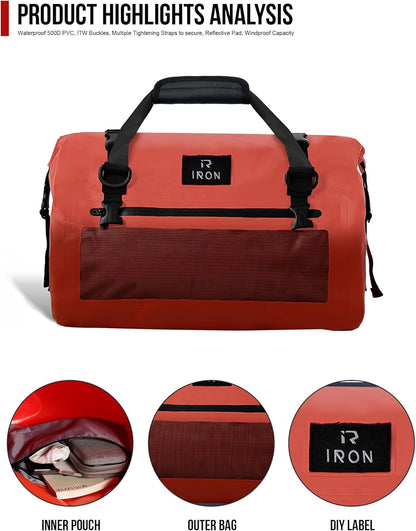 IRON JIA'S Motorcycle Dry Bag - Waterproof Duffle & Luggage Tail Bag Saddle Bags with Roll Top Closure, Shoulder Straps, Inner Pocket and Mesh Pocket (Orange, 30L)