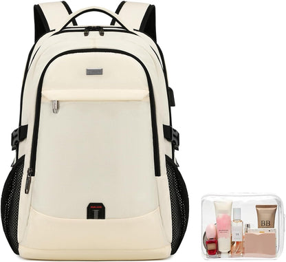 DUSLANG 17 Inch Laptop Backpack for Travel Water Resistant College Backpack for Women Laptop Bag with USB Charging Port and Clear Toiletry Bag Work Backpack,Beige A