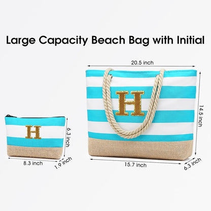 Becokan Beach Bag Initial Beach Tote with Makeup Bag for Travel Work Storage Personalized Birthday Gifts for Women Her