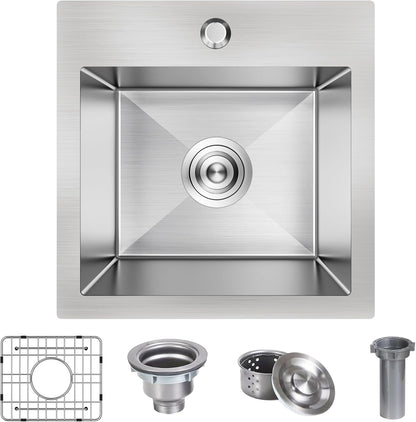 15 x 15 Inch Drop In Bar Sink, Small Kitchen Sink Single Bowl Topmount Bar Prep Sink 18 Gauge Stainless Steel Bar Sink with Grid and Basket Strainer