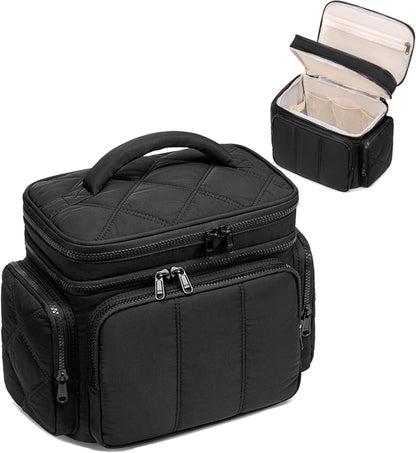 LEDAOU Toiletry Bag for Women,Quilted Travel Makeup Bag Organizer with Double Deck, Large Wide-open Cosmetic Make up Bag for Travel Essentials (Black Puffy)