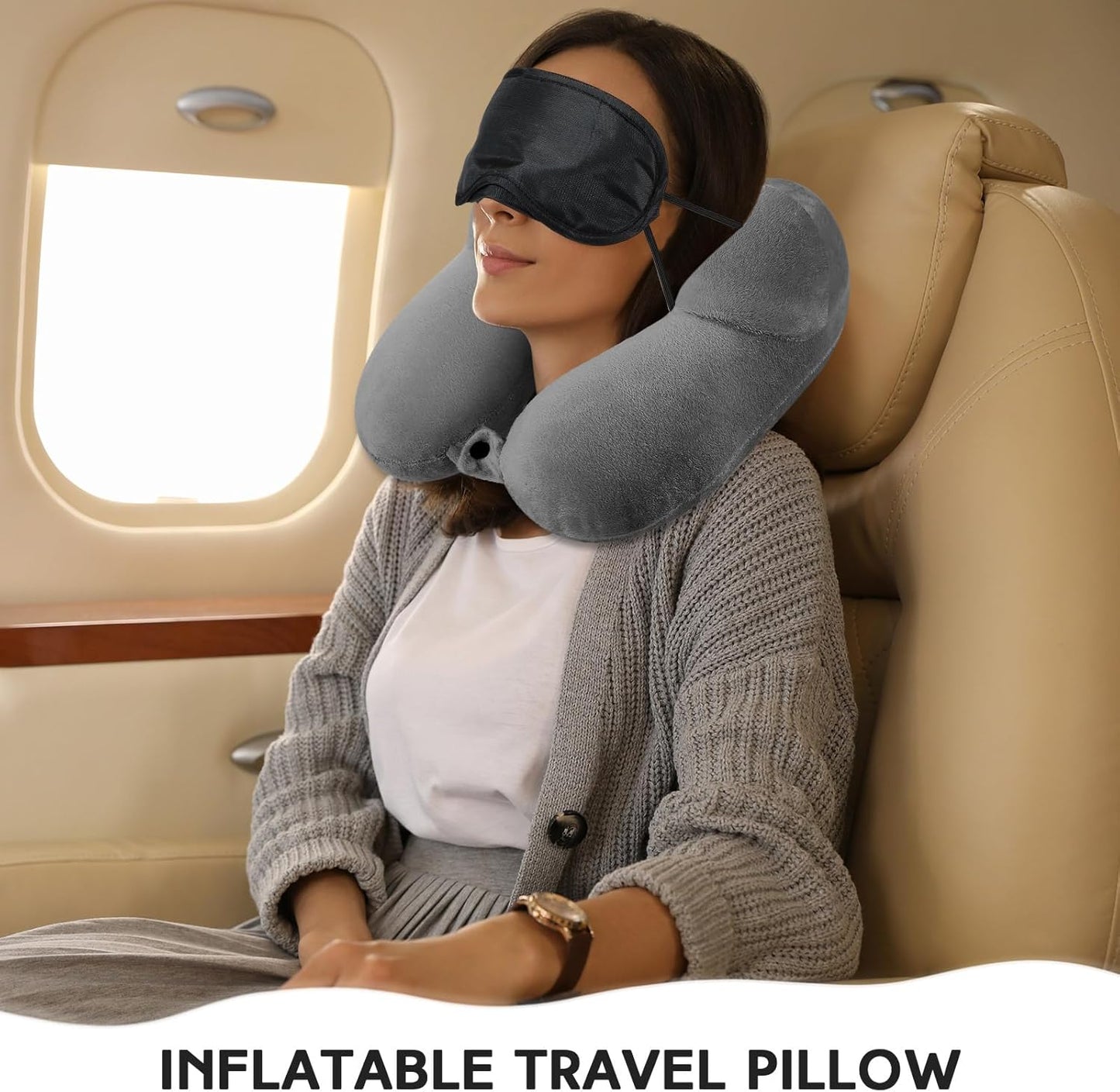 Sintuff 2 Pack Inflatable Travel Pillow for Airplanes Inflatable Neck Flight Pillows with Compact Bag and Blindfold for Traveling, Airplane, Train, Car, Office(Black and Dark Gray)