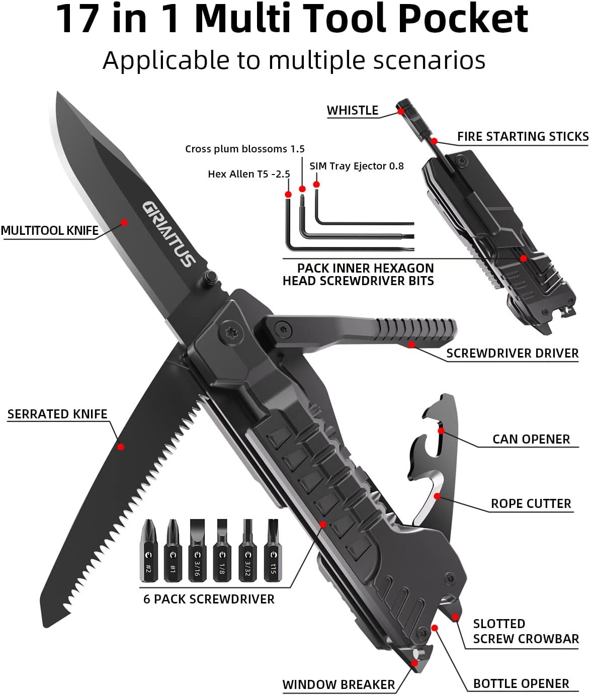 Multitool Knife 17 in 1Fire Starting Sticks, Bottle Opener, Saw Screwdrivers Bottle Opener, Whistle, Window Breaker and More -Perfect for Camping, Outdoor, Survival and Everyday Use,Gifts for Men Dad