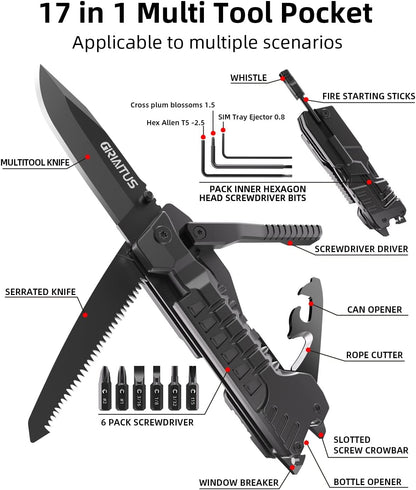 Multitool Knife 17 in 1Fire Starting Sticks, Bottle Opener, Saw Screwdrivers Bottle Opener, Whistle, Window Breaker and More -Perfect for Camping, Outdoor, Survival and Everyday Use,Gifts for Men Dad