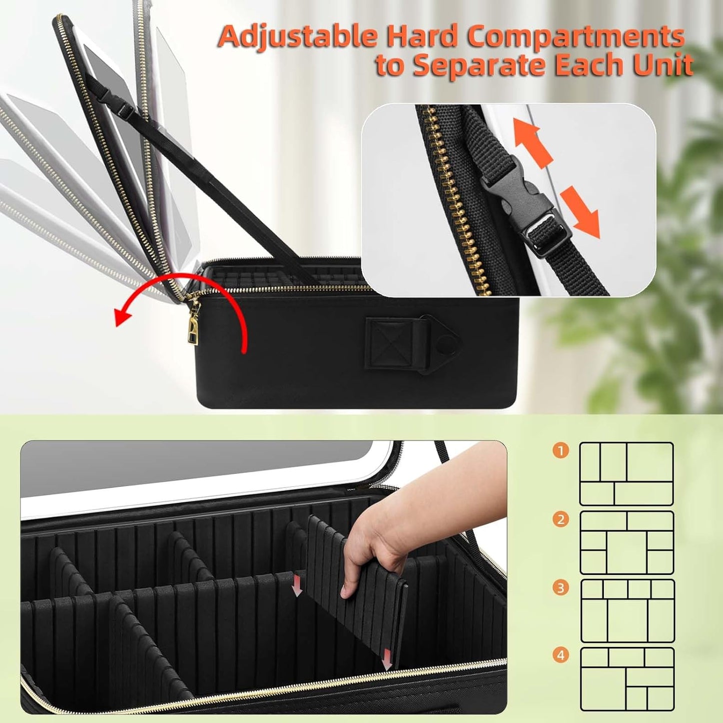 Large Travel Makeup Bag with LED Mirror, 3-Color Stepless Dimming Stand Mirror Detachable, with Adjustable Divider, Makeup Brush Holder Storage (Black)