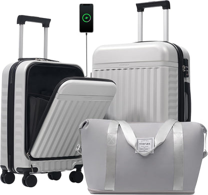Merax Luggage Sets Front Opening, 2 Piece Hardshell Suitcase with Spinner Wheels and Bags,Lightweight Carry on Luggage with USB Port,20+24,White Grey