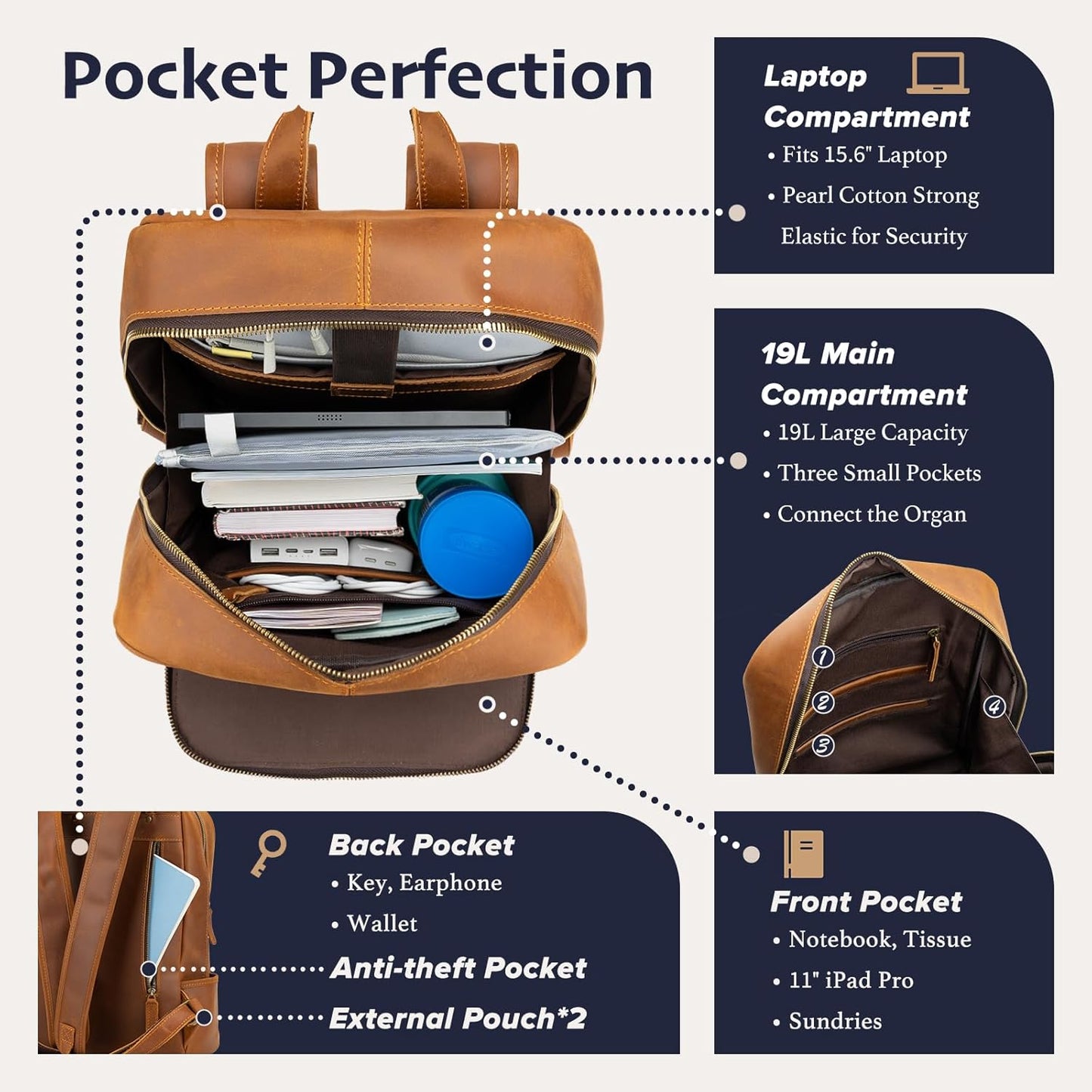 Leather Backpack for Men 15.6" Laptop Backpack 100% Madagascar top-Grain Leather Backpack Light Brown Medium Size