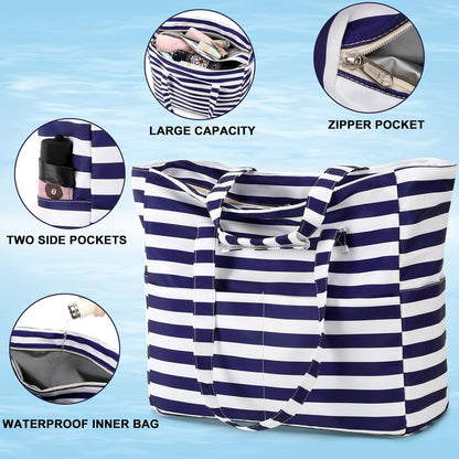 LEDAOU Beach Bag Waterproof Sandproof Women Tote Bag Pool Bag with Zipper for Gym Grocery Travel with Wet Pocket