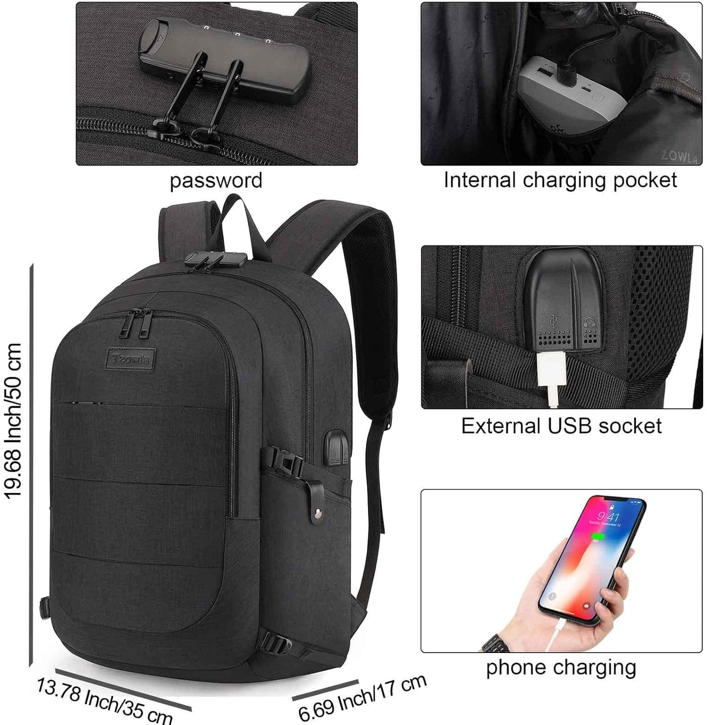 Tzowla Anti-Theft Water Resistant 17.3 Inch Laptop Backpack with USB Charging Port and Lock, Black