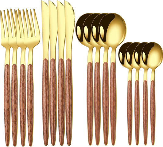 16 Pcs Gold Silverware Set with Simulated Wooden Handle for 4,Stainless Steel Cutlery Set,Mirror Polished Tableware Utensils Flatware Set,Include Knives Spoons and Forks set,Dishwasher Safe