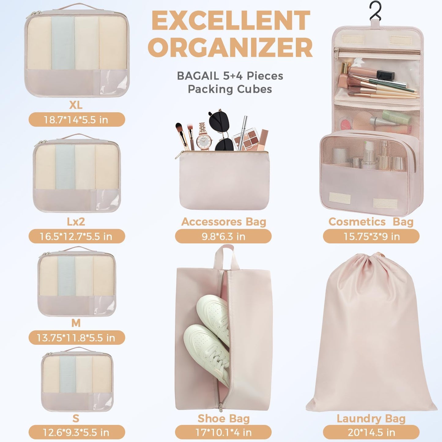 BAGAIL 9 Set Packing Cubes Luggage Packing Organizers for Travel Accessories