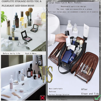 Travel Toiletry bag for men PU Triple-layer Double Zipper Toiletry Bags,Waterproof with Handle Mens Toiletry Bag Stowable Brushes, Toiletries Makeup for Business Trips Camping Bathroom Black