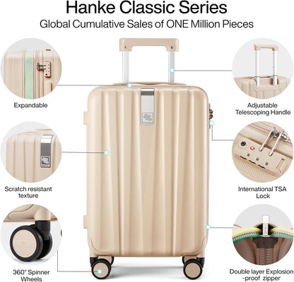 Hanke Expandable Hardshell Luggage Sets 3 piece Carry on Luggage with Wheels Suitcases Lightweight Checked Travel Luggage Rolling Large Suitcase Travel Luggage Bag Woman Men 20/24/29" Cuba Sand Pink