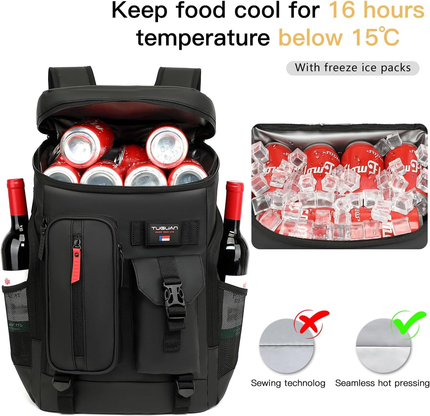 TUGUAN Cooler Backpack 36 Cans Insulated Leak Proof Lightweight Lunch Backpack for Men Work Portable Travel Thermal Bag Compartment Camping Hiking Beach Pincnic Cooler for Women