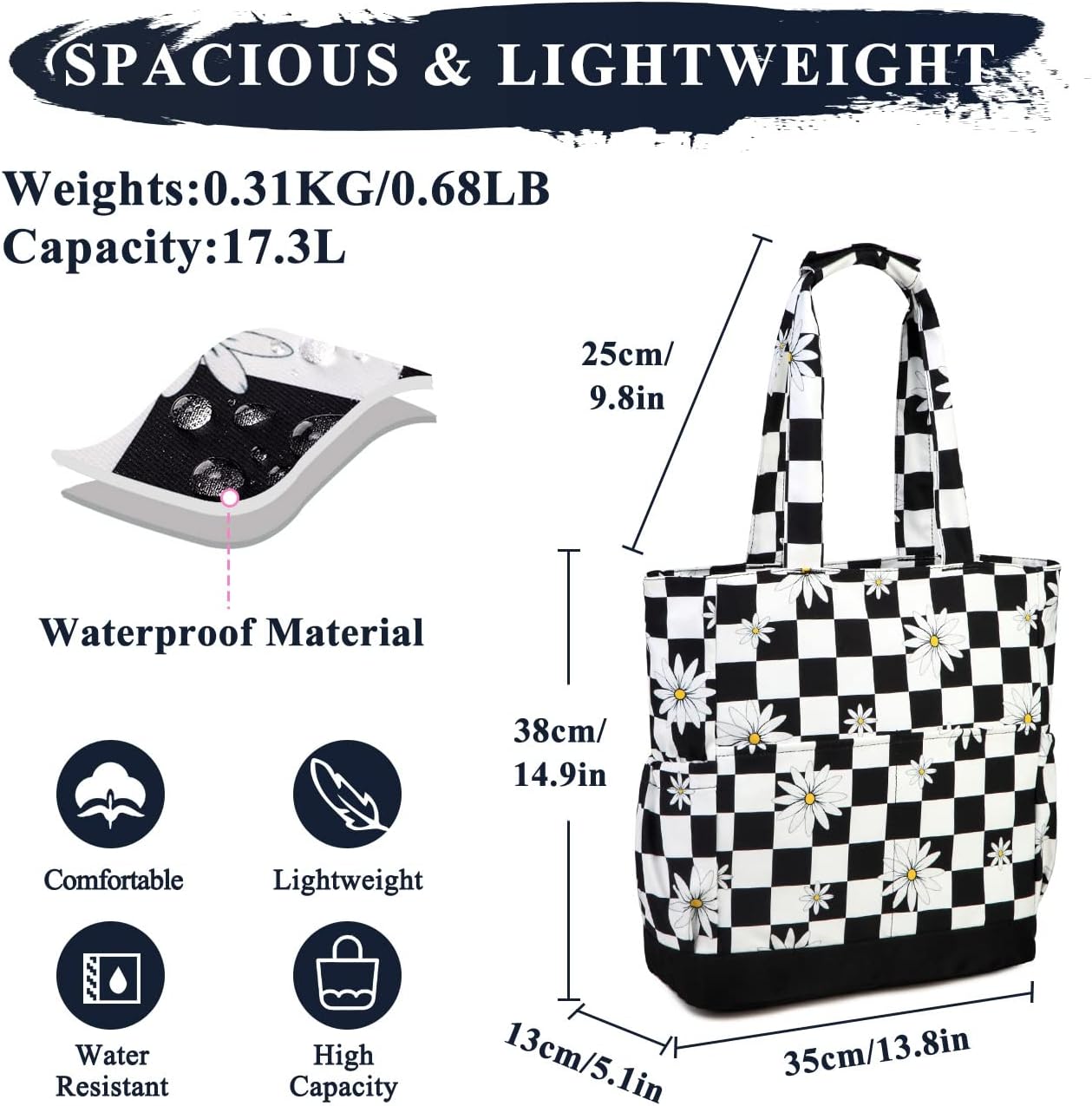 VASCHY Beach Bag for Women, Large Waterproof Sandproof Fold-able Packable Pool Tote Bag w Zipper/Pockets