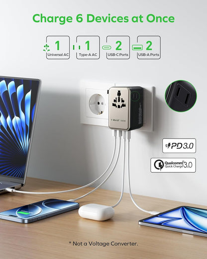 MOMAX Universal Travel Adapter, GaN 100W International Power Adapter, 2 AC, 2 USB-C PD Fast Charging & 2 USB-A QC, All-in-one International Plug Adapter for Travel European UK AUS JP