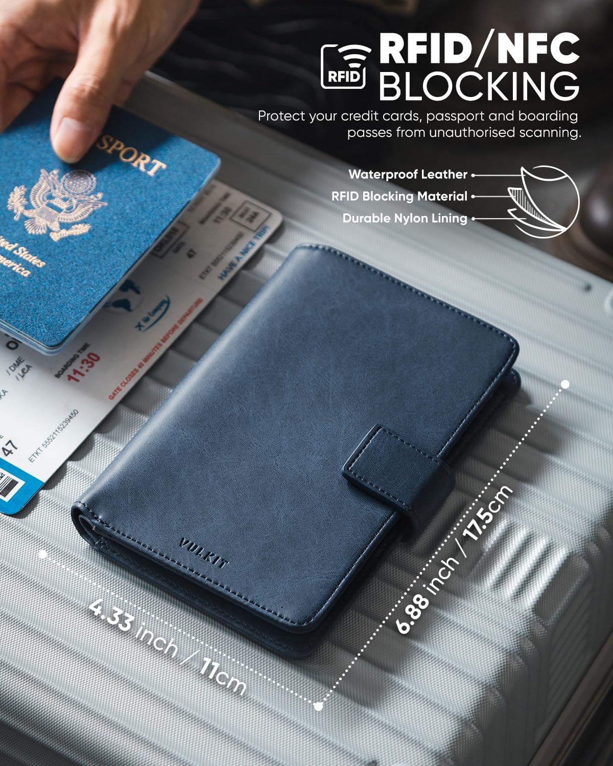 VULKIT Passport Holder with Airtag Holder RFID Blocking Passport Wallet Travel Leather Passport for Women(Navy)