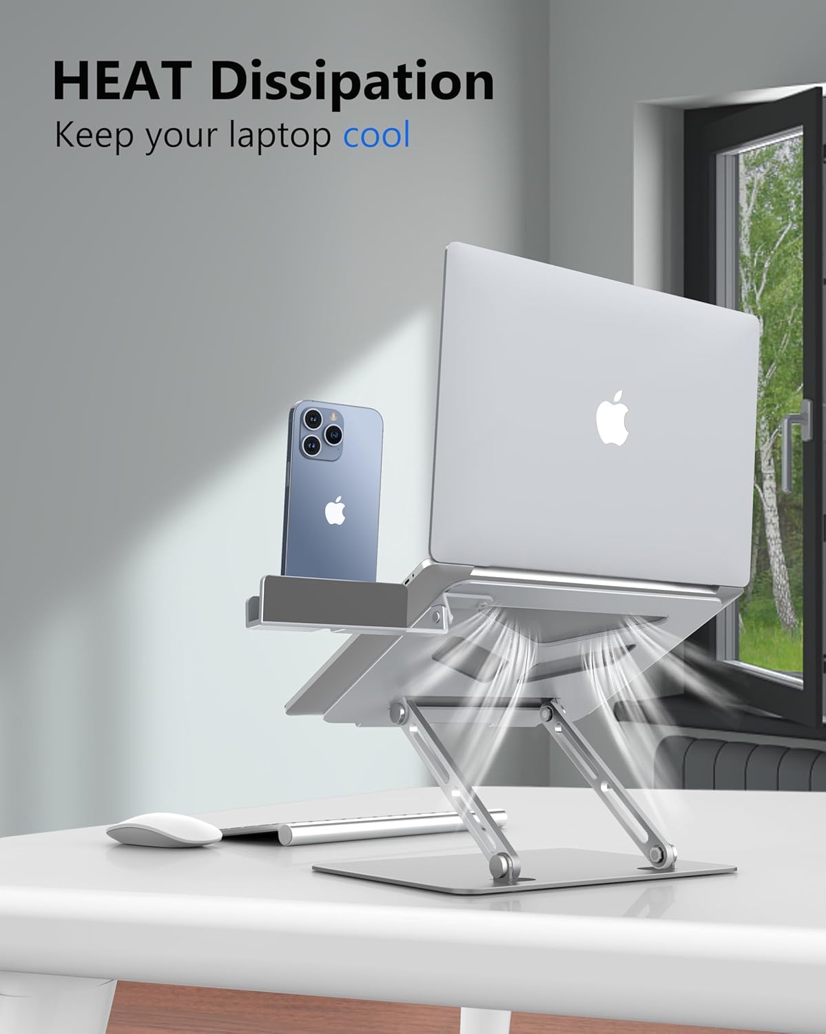 Adjustale Laptop Stand for Desk with Phone Holder, Aluminum Universal Computer Stand for Laptop, Ergonomic Computer Stands Compatible with MacBook Air, Pro, All 11-16'' Notebooks Laptops, Silver