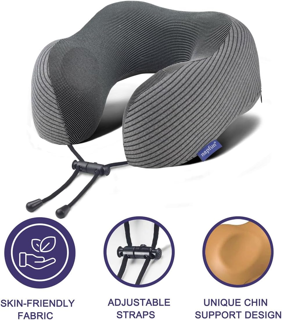napfun Travel Pillow, 100% Pure Memory Foam Neck Pillows for Travel Airplane Headrest Flight Plane Accessories, Deep Grey, Medium (120-200LB)