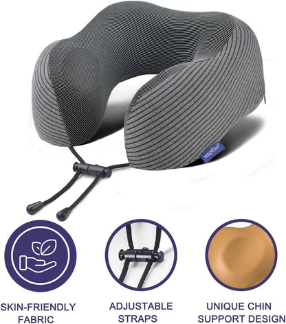 napfun Travel Pillow, 100% Pure Memory Foam Neck Pillows for Travel Airplane Headrest Flight Plane Accessories, Deep Grey, Medium (120-200LB)