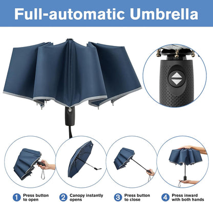 G4Free 42 Inch Eco Windproof Folding Umbrella for Rain & Sun 9 Ribs Wind Resistant Strong Fiberglass Double Canopy with Reflective Strip for Women Men Auto Open Close For Car & Backpack