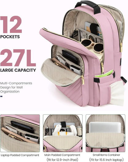 LOVEVOOK Laptop Backpack Purse for Women, Work Travel Computer Bags, College School Backpack for Student Girl, Quilted Casual Daypack with USB Port, Fit 15.6 Inch Laptop, Light Pink