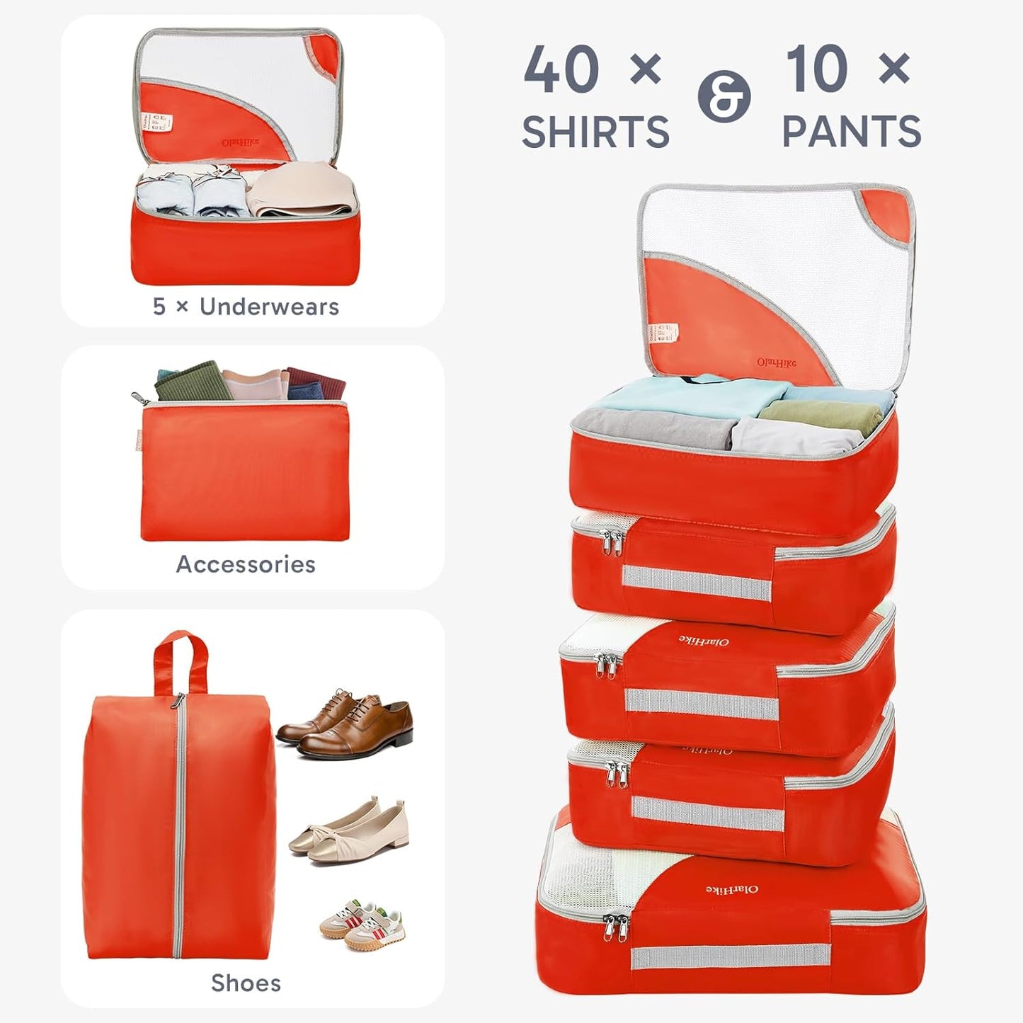 ALL INCLUDED 10 Set Sturdy Packing Cubes for Suitcases,OlarHike Travel Essentials,UPGRADED Anti-Tear Stitching, NEW Improved Luggage Packing Organizers for Travel Accessories (Orange)