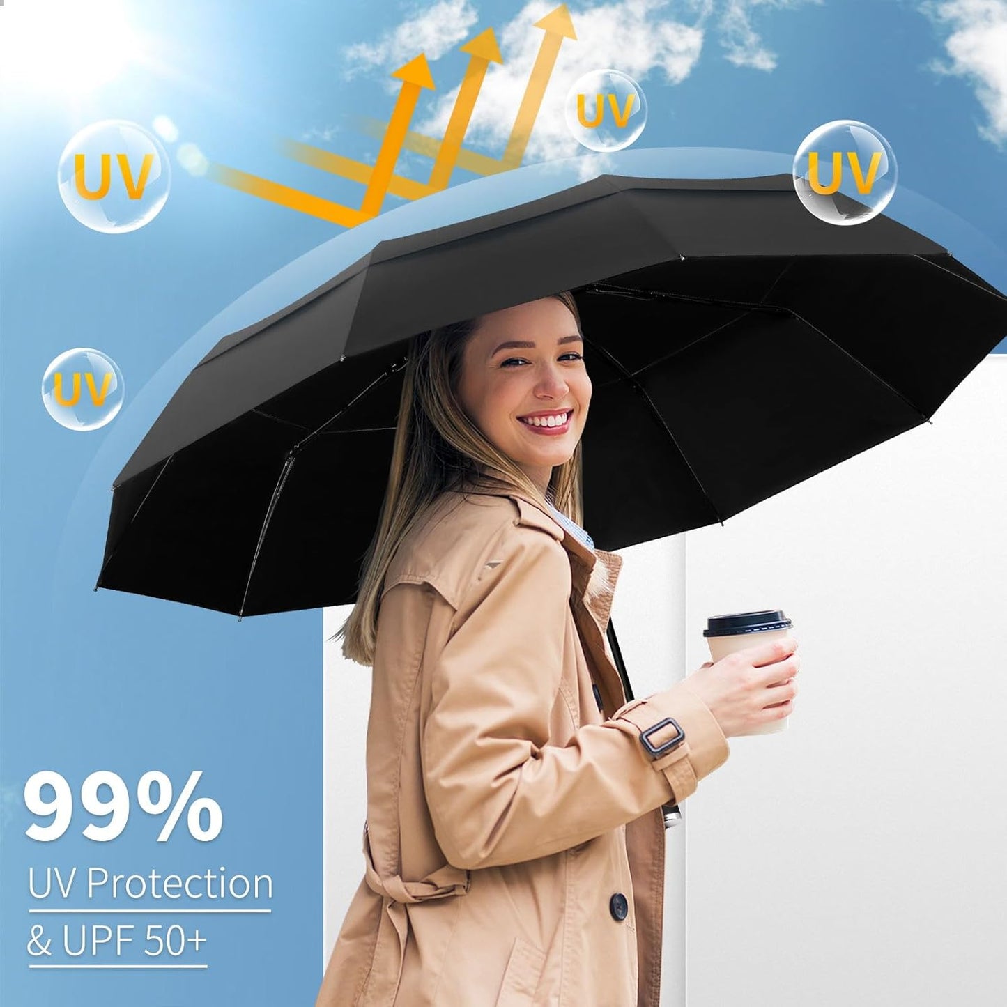 Seniny Windproof Travel Umbrella, Double Vented Canopy Large Umbrellas for Rain, Automatic Compact Umbrella for Car Backpack, Portable Pocket UV Umbrellas for Sun Protection Walking, Lightweight