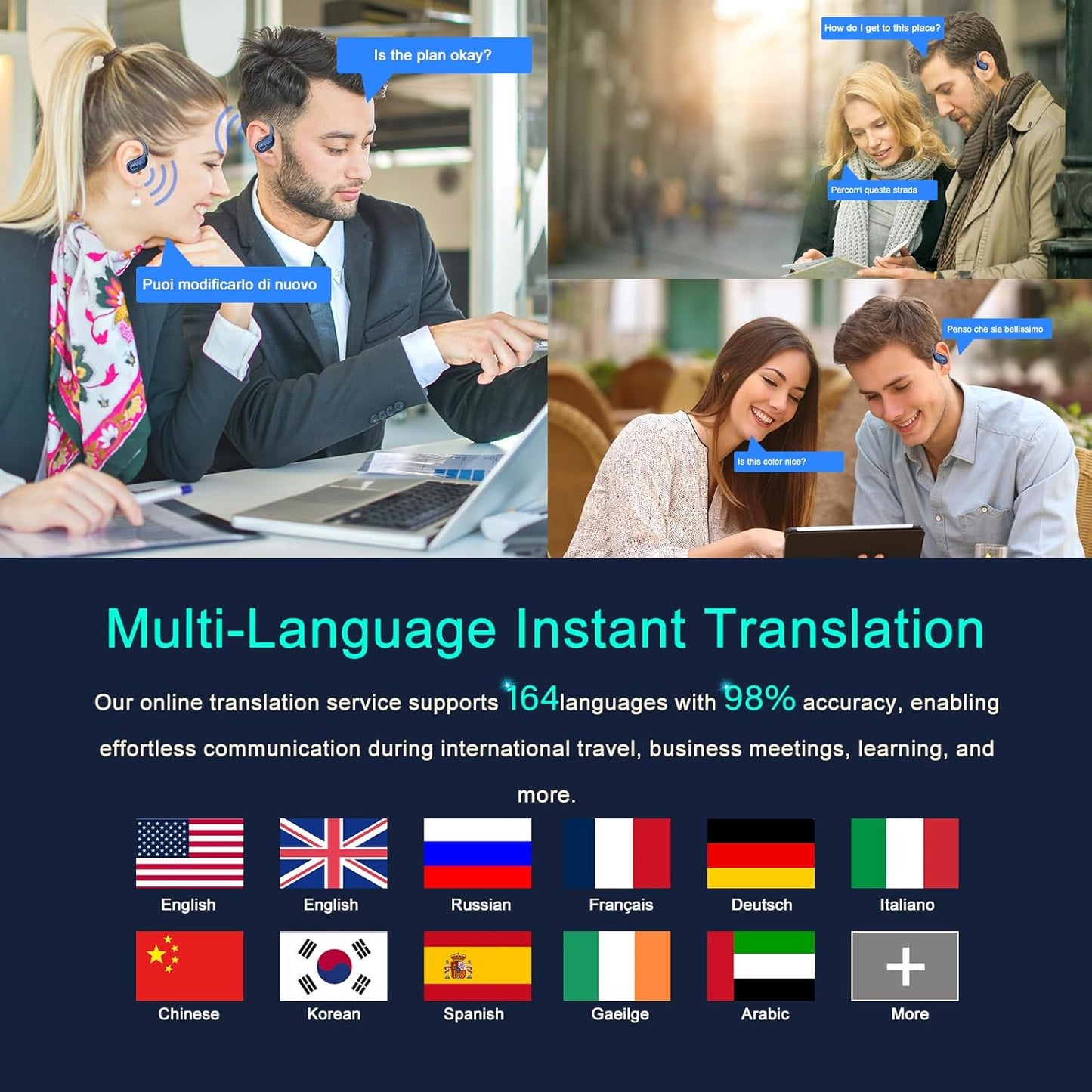 AI Translation Earbuds Real Time, 164 Language Translator Earbud 3-in-1 Bluetooth 5.4 Translator Earbuds with 6 Translation Modes, 75H Translators Headphones with APP for Travel Business, Blue