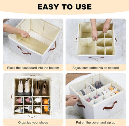 Shoe Organizer for Closet, Foldable Shoe Storage Bins with Clear Cover, Large Shoe Box Storage Container with Adjustabele Dividers, Fits up to 16 Pairs, White