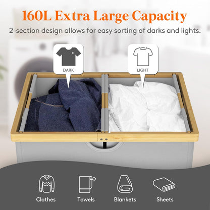 Lifewit 160L Double Laundry Hamper with Lid, Extra Large Bamboo Laundry Basket Dirty Clothes Hamper, 2 Section Laundry Bin Organizer for Laundry Room Bedroom with 2 Removable Liners & Bags,Silver Grey