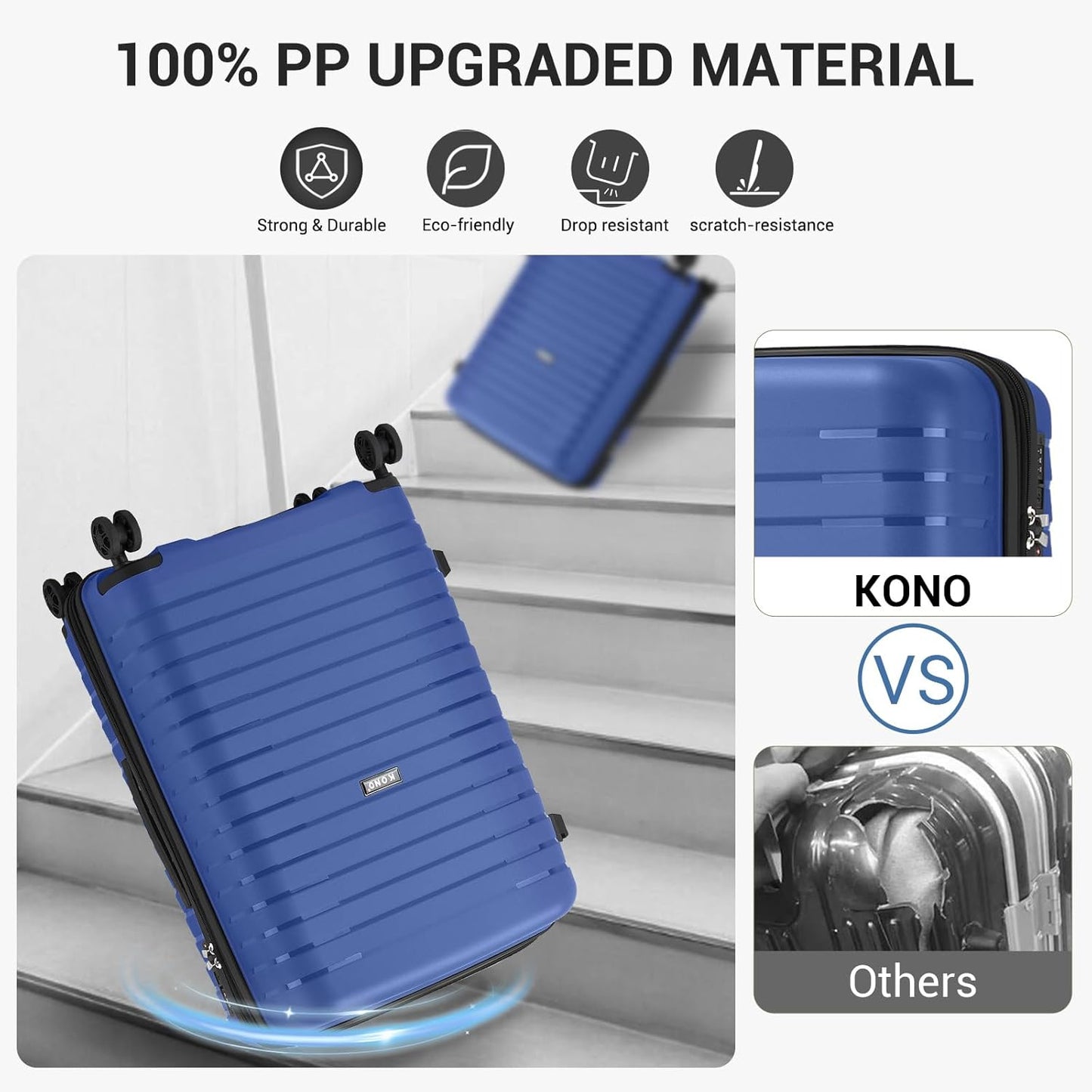 Kono 20 Inch Expandable Carry On Luggage with Spinner Wheels, Durable Hardside Luggage with Hidden Cup Holder, Lightweight Hard Shell Carry On Suitcase Airline Approved with TSA Lock(Navy Blue)