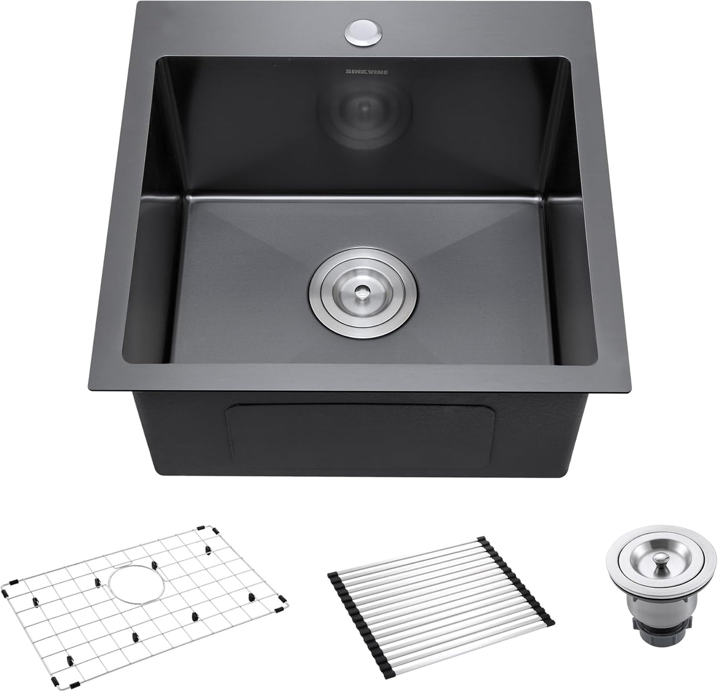 18-Inch Black Bar Sink Drop-In, SINKVINE PVD Nano Stainless Steel Kitchen Sink for Laundry, Outdoor, RV, Top Mount Deep Single Bowl Sink w/Drain Strainer, Bottom Grid, Roll-up Drying Unit, Dark Gray