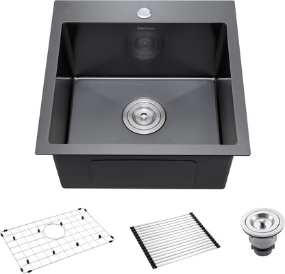 18-Inch Black Bar Sink Drop-In, SINKVINE PVD Nano Stainless Steel Kitchen Sink for Laundry, Outdoor, RV, Top Mount Deep Single Bowl Sink w/Drain Strainer, Bottom Grid, Roll-up Drying Unit, Dark Gray