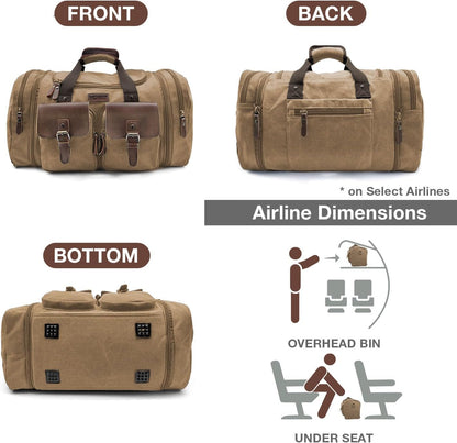 Wildroad 60L Travel Duffel Bag, Expandable Canvas Genuine Leather Duffle Bag Upgraded Overnight Weekender Bag Carry on Bag (Coffee, X Large-60L)