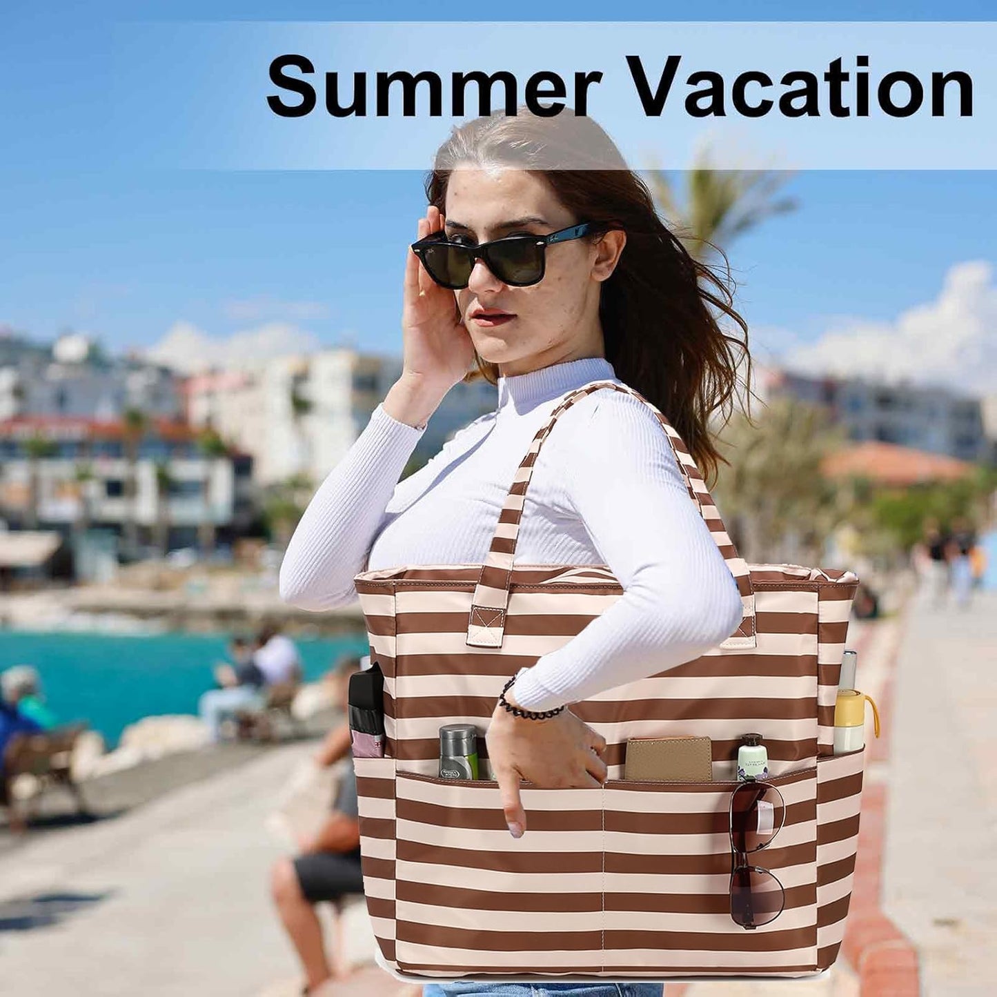 LEDAOU Beach Bag Waterproof Sandproof Women Tote Bag Pool Bag with Zipper for Gym Grocery Travel with Wet Pocket