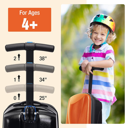 20" Scooter Suitcase for Kids, 2-in-1 Ride On Luggage with Wheels for Boys & Girls Ages 4-15, Foldable Hardshell Carry On Lightweight Travel Suitcase for Airplane (No LED, Orange)