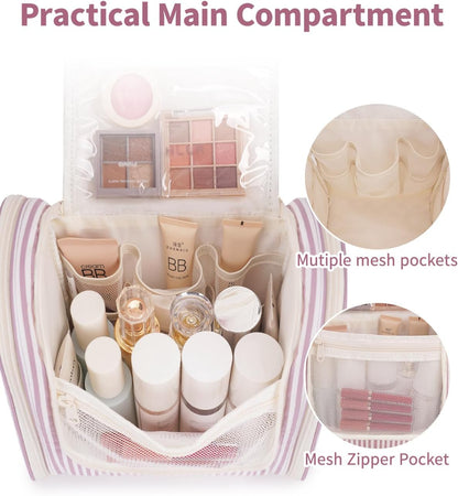 Narwey Striped Hanging Travel Toiletry Bag for Women, Travel Bag for Toiletries, Makeup Bag Organizer Cosmetic Bags Make Up Bags for Women (Dusty Rose Stripe)