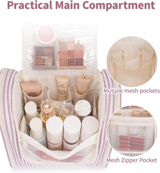 Narwey Striped Hanging Travel Toiletry Bag for Women, Travel Bag for Toiletries, Makeup Bag Organizer Cosmetic Bags Make Up Bags for Women (Dusty Rose Stripe)