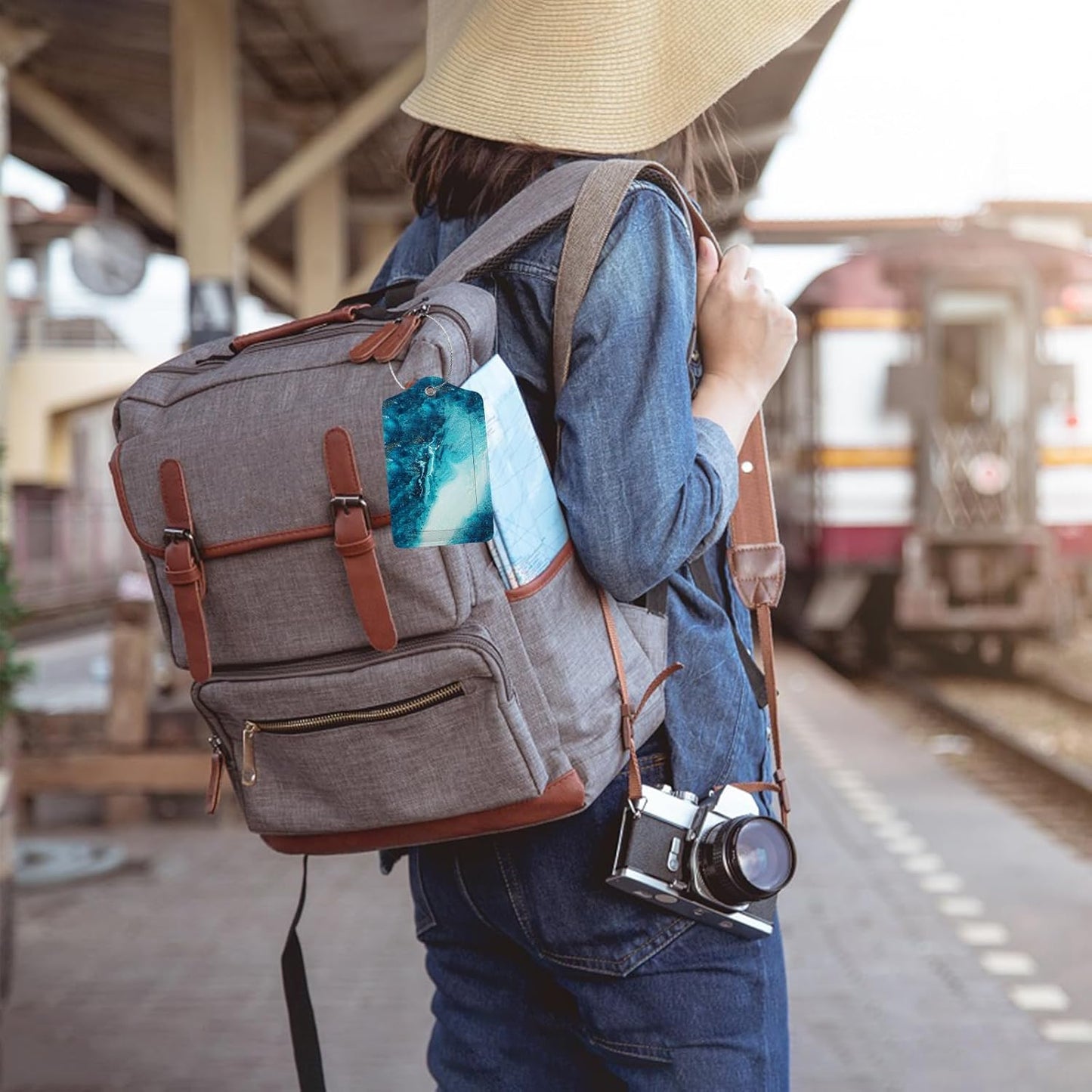 Abstract Ocean Texture Luggage Tags for Suitcases,2 Pack Luggage Tag, Leather Stainless Steel Loop Label Tag for Women Girl Travel Bag Suitcase