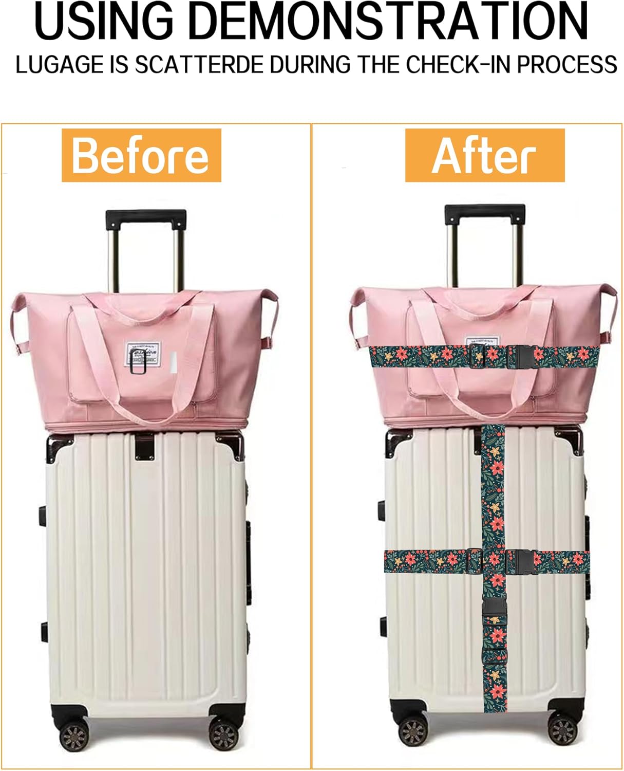 Luggage Straps for Suitcases, Adjustable Travel Belt, Durable Wide Luggage Strap, Cute Suitcase Strap Identifiers with Buckle, Bag Straps for Luggage, Cute Boho Flowers