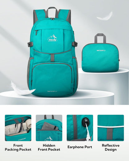 WATERFLY Hiking Foldable Daypack Backpack: 25L Ultra Lightweight Packable Waterproof Outdoor Travel Day Pack for Woman Man