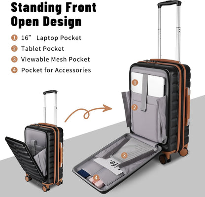 22×14×9 Airline Approved Carry On Expandable Luggage with Front Open Pocket, Spinner Wheels, ABS+PC Hardshell Small 20inch Suitcase with Protective Cover and Luggage Tag, Black